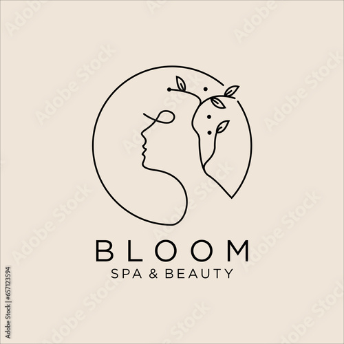 line art beautiful face with leaves SPA and beauty vector logo