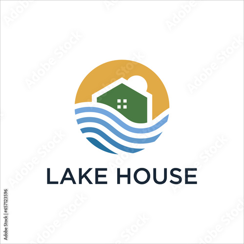 lake house and sun in colorful vector logo