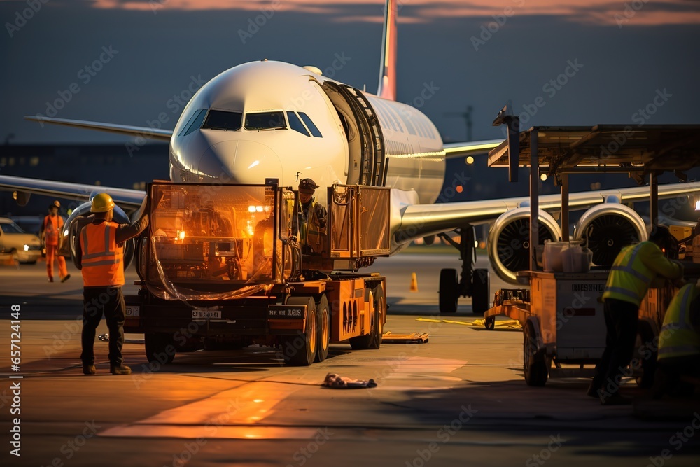 Commercial cargo air freight airplane loaded at airport in the evening - obrazy, fototapety, plakaty 