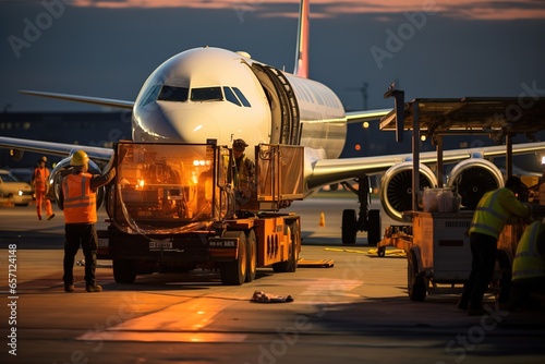 Commercial cargo air freight airplane loaded at airport in the evening