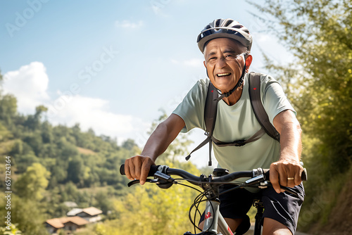 An elderly man with a smile on his face and wearing a helmet rides a bicycle along a picturesque path © ribalka yuli