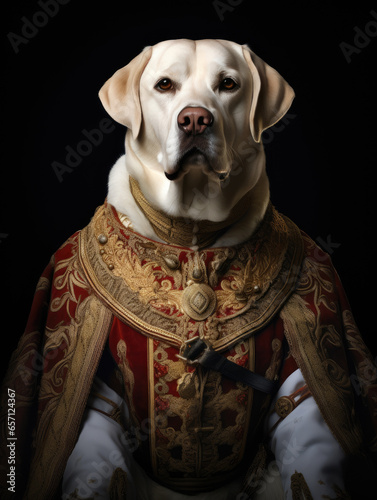 Portrait of a Labrador dog in a historical costume of a lord on a dark background