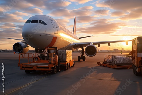 Commercial cargo air freight airplane loaded at airport in the evening photo
