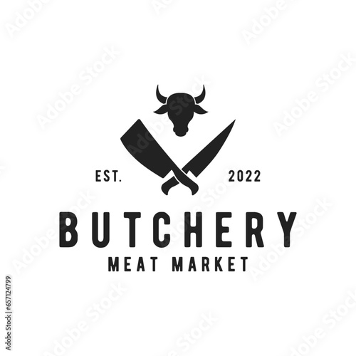 Vintage butcher template logo with knife, fresh beef. Logo for business, butcher shop, restaurant, badge and label.