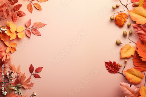 Colorful autumn Leaves on a red and pink background with copy space