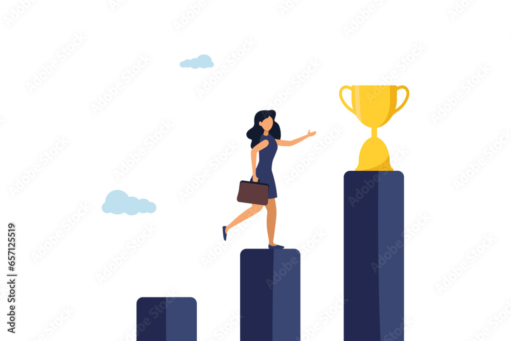 Obraz premium Business woman steps towards the trophy. Career development. Achieving the goal. Illustration