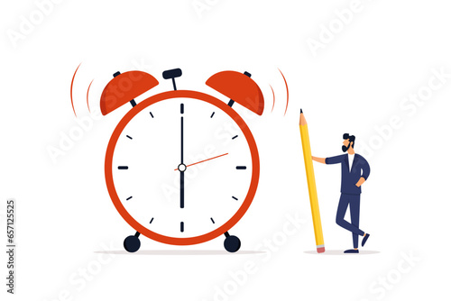 Stop procrastinating, do it now and finish your work on time, confident businessman holding pencil near ringing alarm clock. Illustration