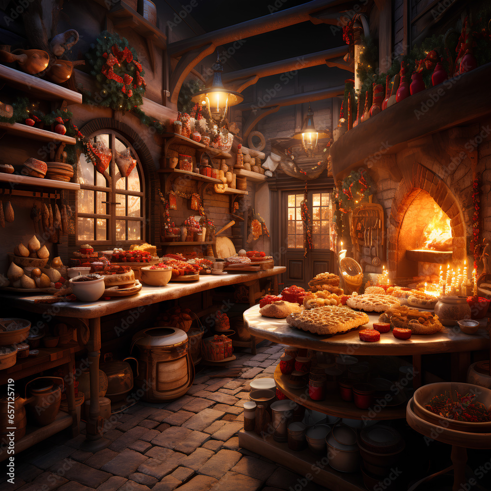 Kitchen with Christmas decorations and food