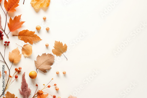 Colorful autumn Leaves on a red and white background with copy space