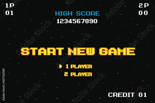 START NEW GAME play .pixel art .8 bit game. retro game. for game assets in vector illustrations.