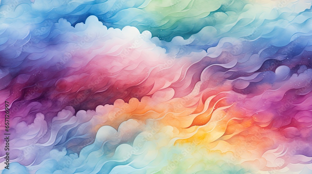 Obraz premium Bright colorful clouds in watercolor style. Drawing of lush clouds in pink and purple colors. Generative AI.