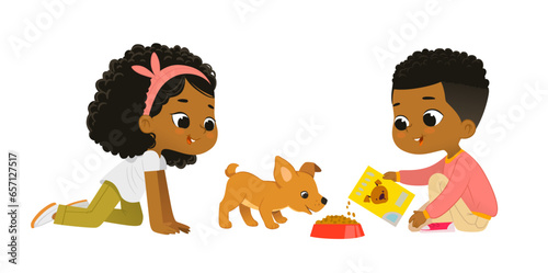 Cute school friends feeding pet puppy. African American boy and girl playing with dog. Funny cartoon character. Children caring for animals. Vector illustration. Isolated on white background