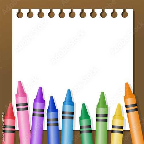 Crayons and paper note, Collection of colorful wax pencils. Diary, notebook, paper, memo, spring note, Vector illustration.