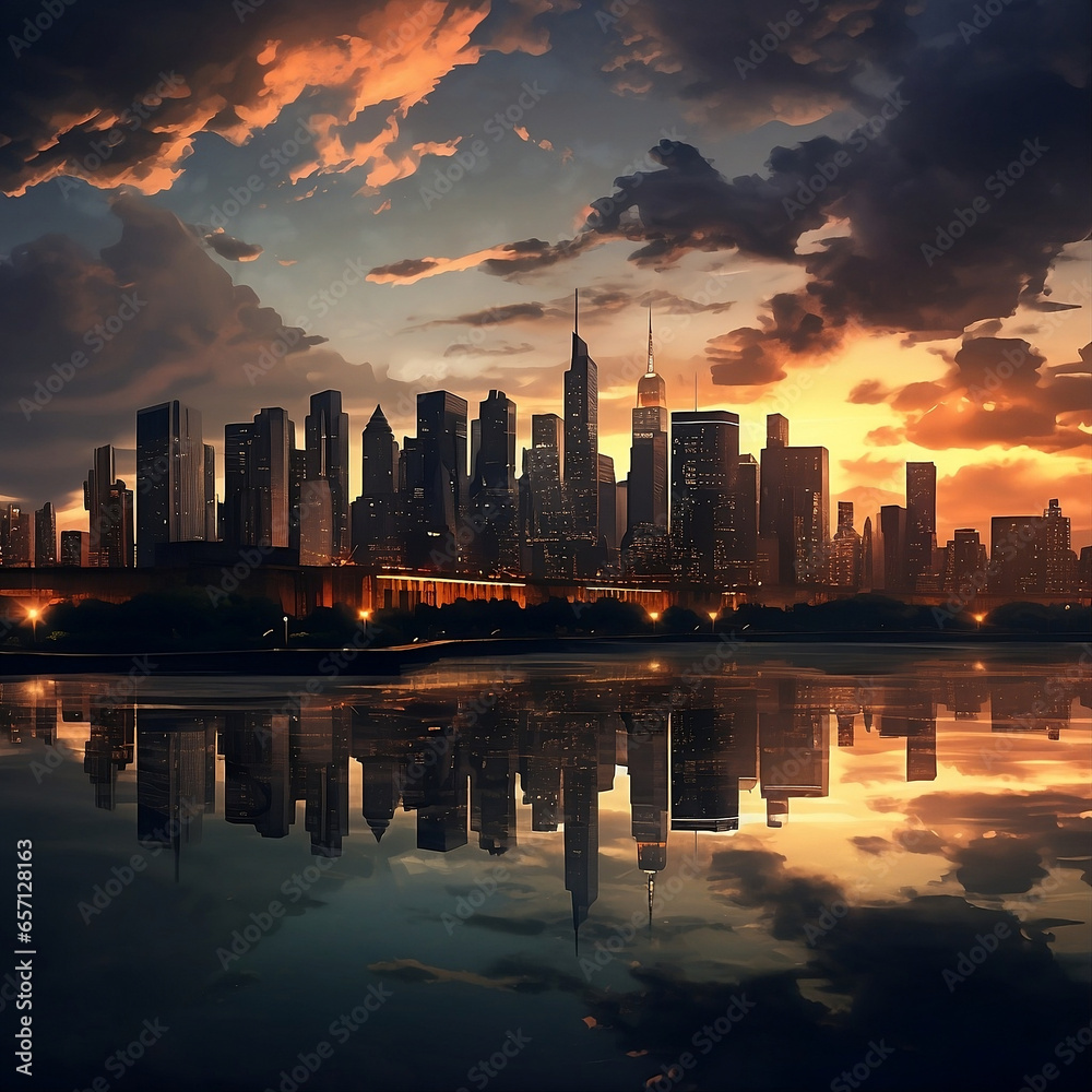 city skyline at sunset with a dark shadowing view, reflection on the water