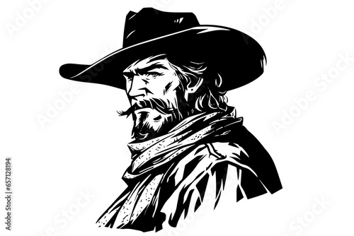 Cowboy sheriff bust or head on hat in engraving style. Hand drawn ink sketch. Vector illustration