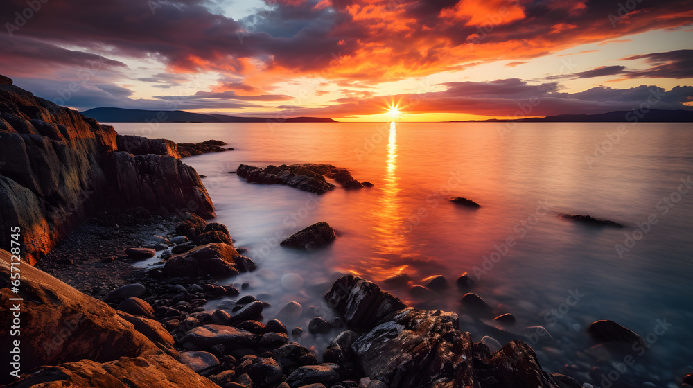 Witness the sun dipping below the horizon, casting a warm, golden glow over the tranquil Scottish waters. This scene embodies awesome coastal sunsets in Scotland.