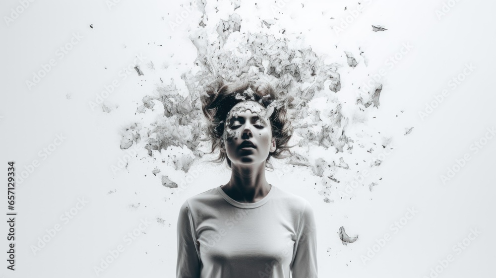 World mental health day concept with woman and projection of thoughts and emotions on white background. Healthy mind, mental health, psychology, emotional intelligence concept