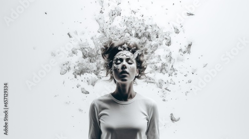 World mental health day concept with woman and projection of thoughts and emotions on white background. Healthy mind, mental health, psychology, emotional intelligence concept