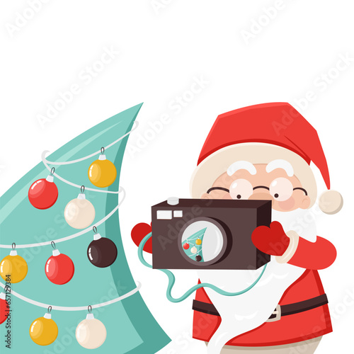 Cute Santa Claus takes photo of the Christmas tree with vintage camera. Christmas, New Year coloured vector illustration. Collection of Santa in cartoon style. Humour