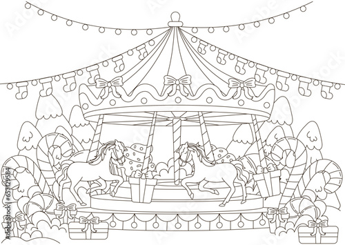 Christmas coloring page with merry-go carousel with christmas decorations and trees for kids and adults