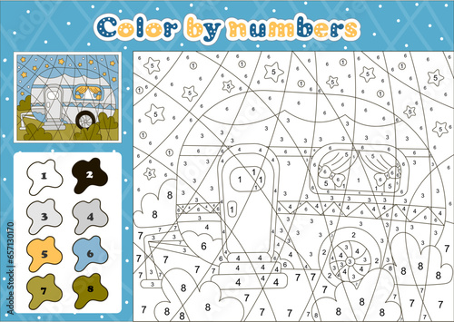 Car themed coloring page by number for kids with cute camping vehicle at night background,