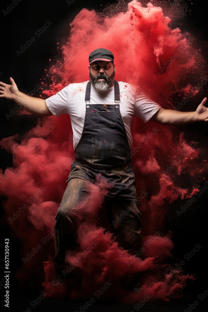 Brawny man with no beard, big arms rolled up white long sleeve shirt. wearing a red apron red painters hat and black boots covered in red and black paint bursting through red smoke