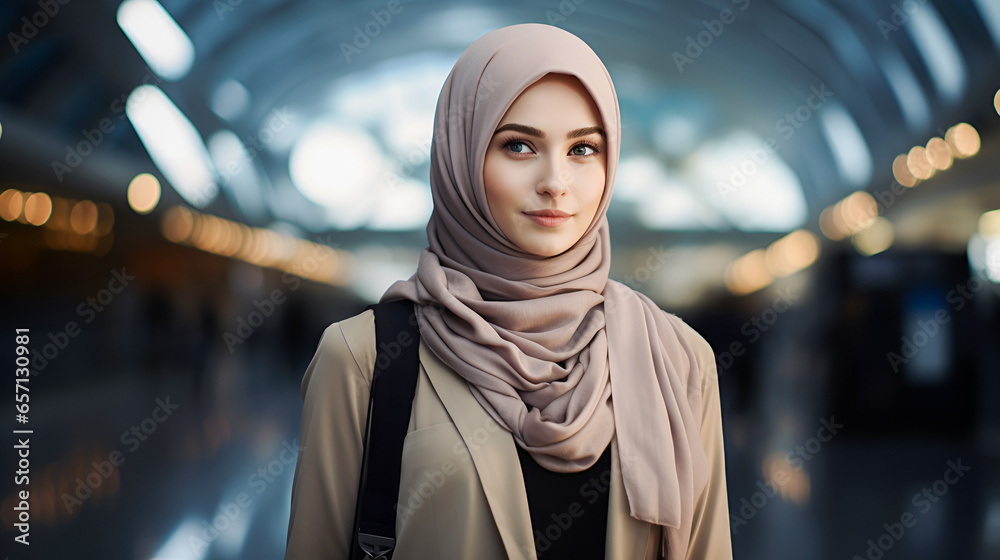 portrait of a young Muslim woman in a light gray hijab, looking at the camera and smiling, standing with a backpack against the backdrop of an airport terminal or metro station. with copy space portrait of a young Muslim woman in a light gray hijab, looking at the camera and smiling, standing with a backpack against the backdrop of an airport terminal or metro station. with copy space