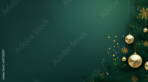 Christmas and New Year holiday background. Emerald Glass Balls and gold star hanging Christmas tree branch on green background with copy space for text. The concept of Christmas and New Year holidays