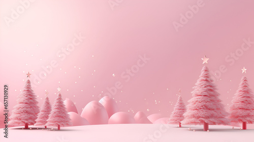 Christmas and New Year minimalism monochrome background in pastel pink colors. Pink Christmas trees in a snowy forest and Christmas pink decorations on a light background with copy space for text.