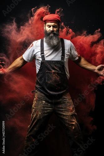 Brawny man with no beard, big arms rolled up white long sleeve shirt. wearing a red apron red painters hat and black boots covered in red and black paint bursting through red smoke © LaxmiOwl