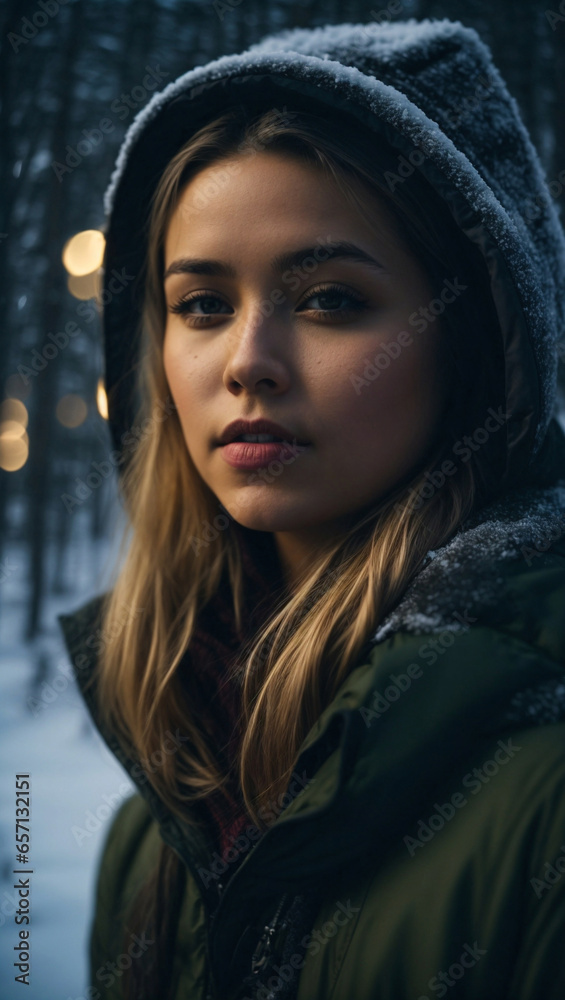 Bellissima ragazza con giacca e cappuccio in una foresta durante una nevicata in inverno Bellissima ragazza con giacca e cappuccio in una foresta durante una nevicata in inverno