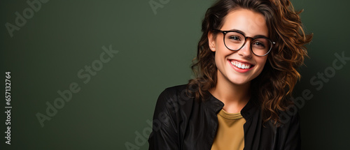 a woman in glasses is smiling near solid background, with empty copy space