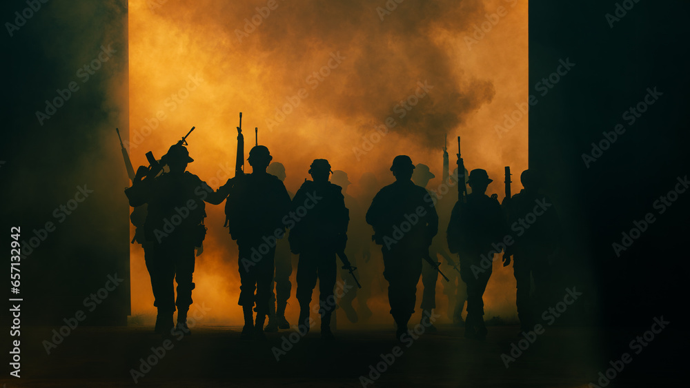 Fototapeta premium silhouette group of soldiers special forces full team in uniform walking action through smoke fire and holding gun on hand over lighting background,