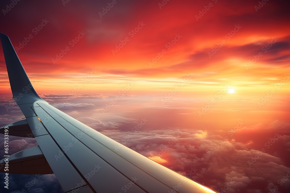 Passenger aiplane flying at sunset, holiday jet travel transportation