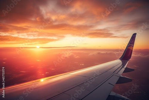 Beautiful sunset, sky on the top view, airplane flying view from inside window and cloud, sun down background aircraft of Traveling. photo