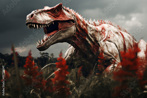 T rex or tyrannosaurus rex a large carnivorous theropod dinosaur of the Jurassic Cretaceous period with a fierce large monster size head jaw and teeth  Generative AI stock illustration image