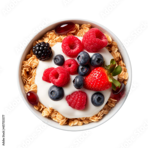 bowl of granola with yogurt and berries isolated on white