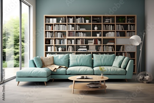 modern interior design, aqua sofa color, gray book shelf, lite brown floor