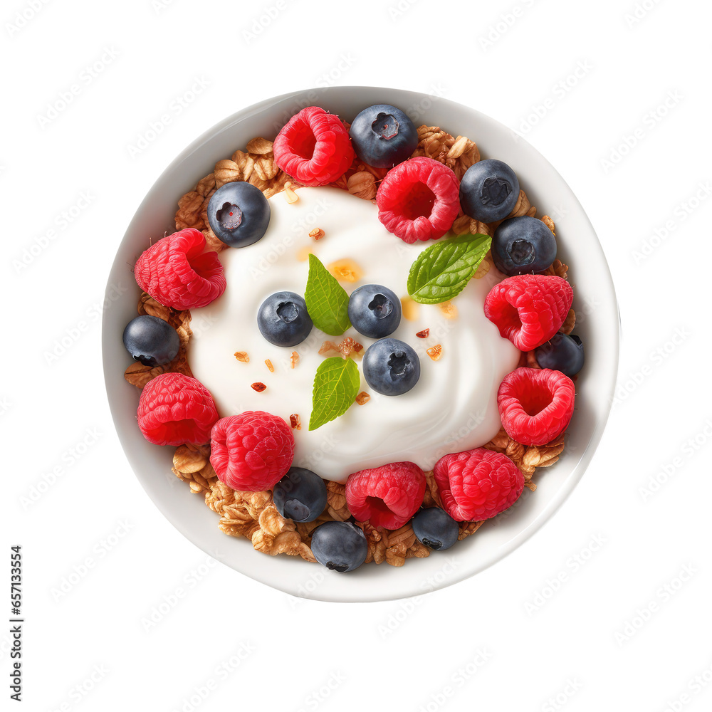 bowl of granola with yogurt and berries isolated on white bowl of granola with yogurt and berries isolated on white