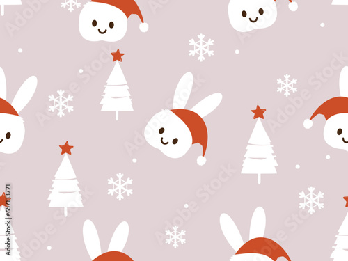 New year seamless pattern with bunny rabbit cartoons  snowflakes and Christmas tree on night sky background vector illustration.