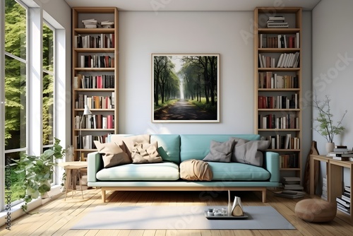 aqua sofa color, modern interior design, gray book shelf, lite brown floor © pics3