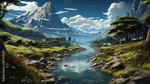 Captivating Nature's Majesty: A Serene Journey Through Mighty Peaks and Tranquil Lakes, generative AI
