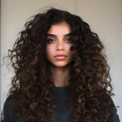 A young woman with long curly hair looking at the camera