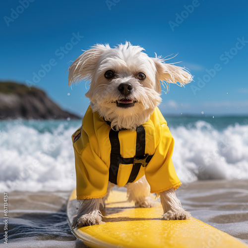 a cute little surfer dog wearing a yellow outfit on the beach, Generative AI