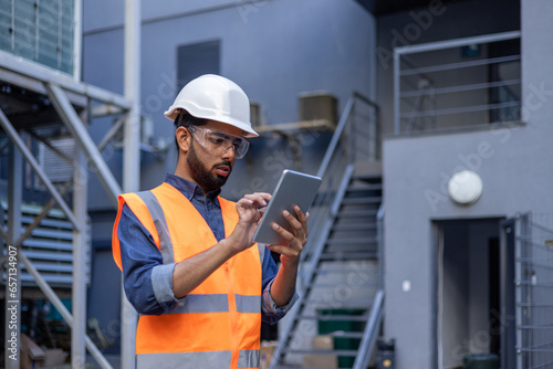 Fotografie Serious thinking and focused engineer working in factory in hard hat and vest, man using tablet computer reading diagram, and checking equipment, inside industrial factory
