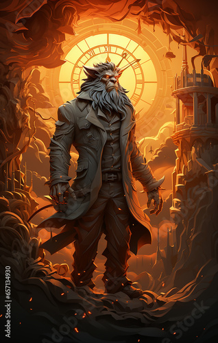 A werewolf with a full moon and night scene background. Halloween concept