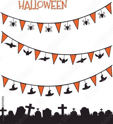 flag or hanging pennant of halloween tradition with diverse cemetery background, happy Halloween, terror, dark, fear, suspense, haunted night and a lot of horror, cemetery