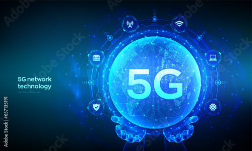 5G network wireless systems and internet of things technology concept. Smart city communication network. 5G wireless mobile internet wifi connection. Earth planet globe in hands Vector Illustration.