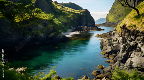 Venture into a secluded cove surrounded by lush greenery and cliffs. It's a scene of awesome hidden gems along the Scottish coast.