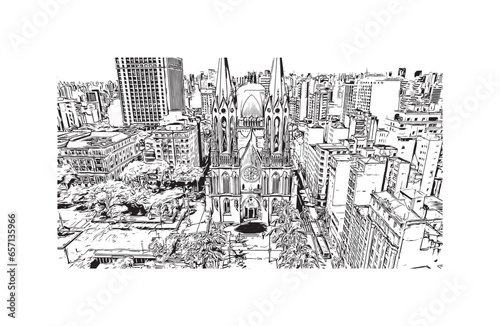Building view with landmark of Sao Paulo is the city in Brazil. Hand drawn sketch illustration in vector.
